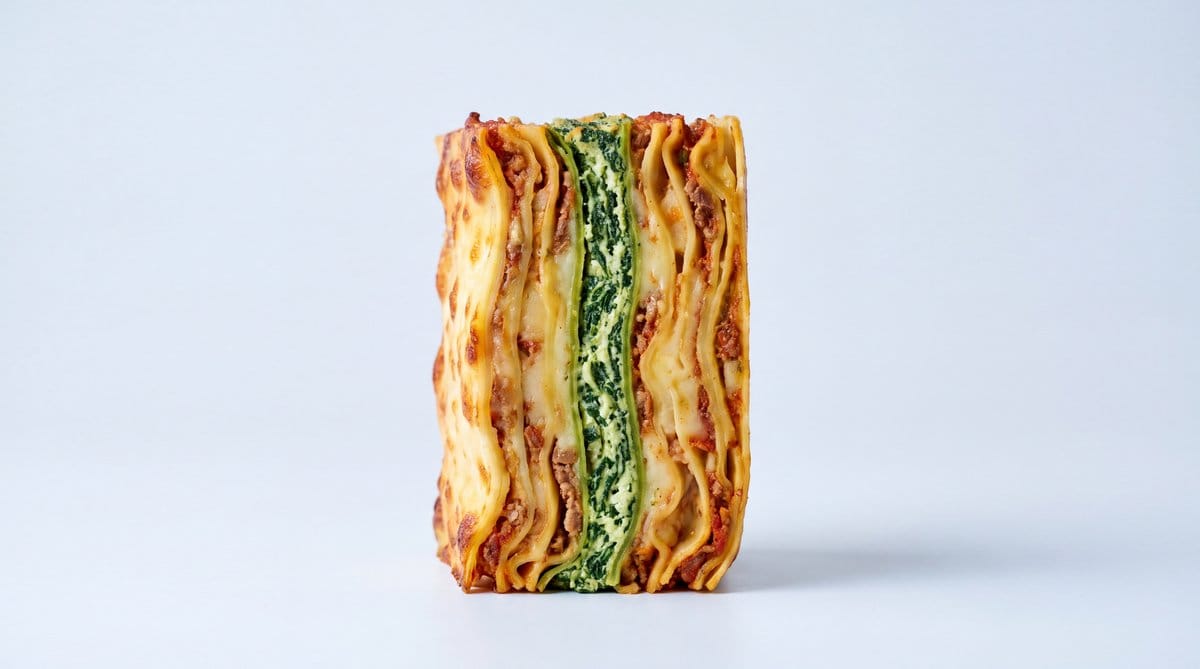 Tall lasagna slice with a vivid green center layer standing on a cool white seamless background.