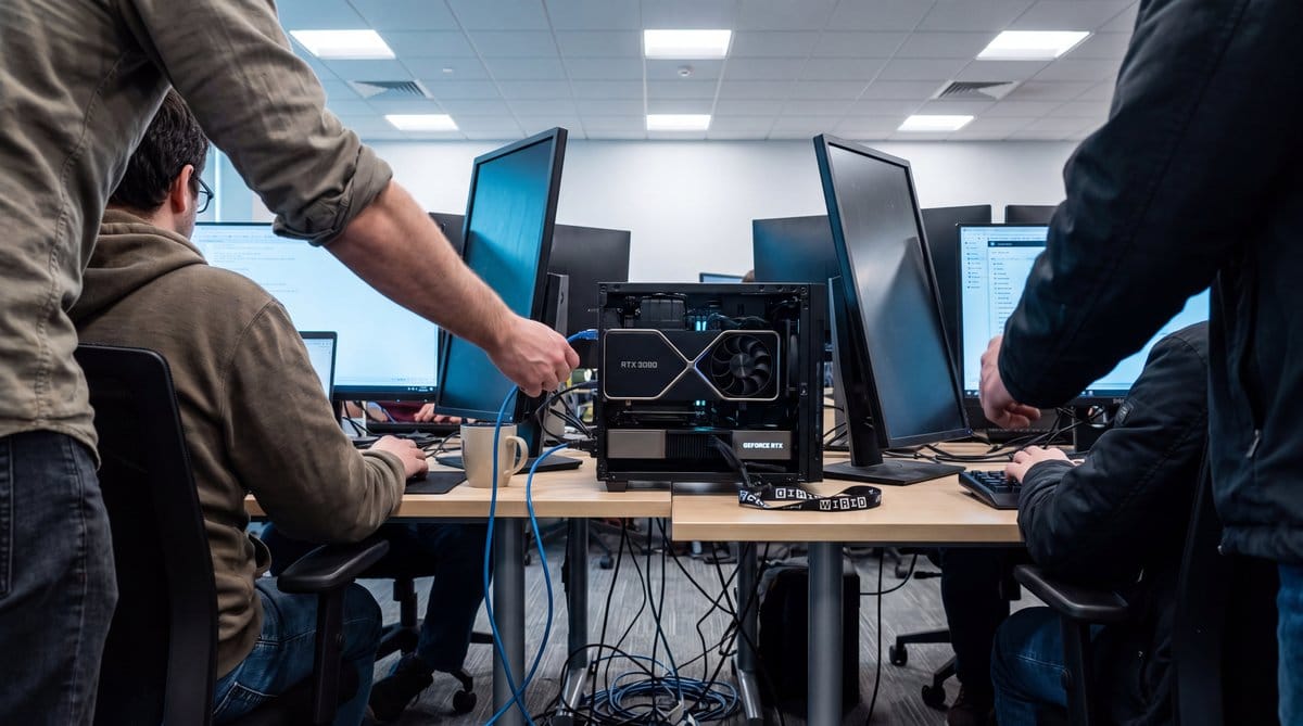 Three operators share a dual-RTX 3090 host for simultaneous local AI agent testing in a lab.