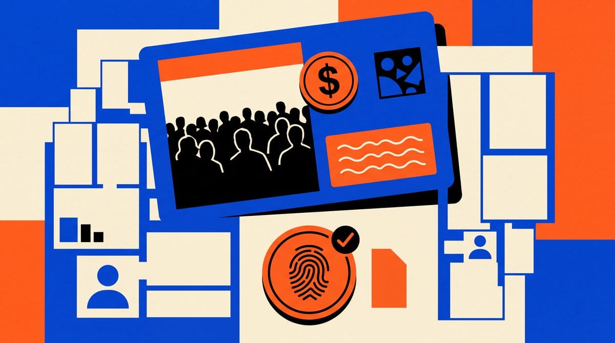 Graphic campaign approval interface with audience silhouettes, budget coin, creative tiles, and fingerprint control.