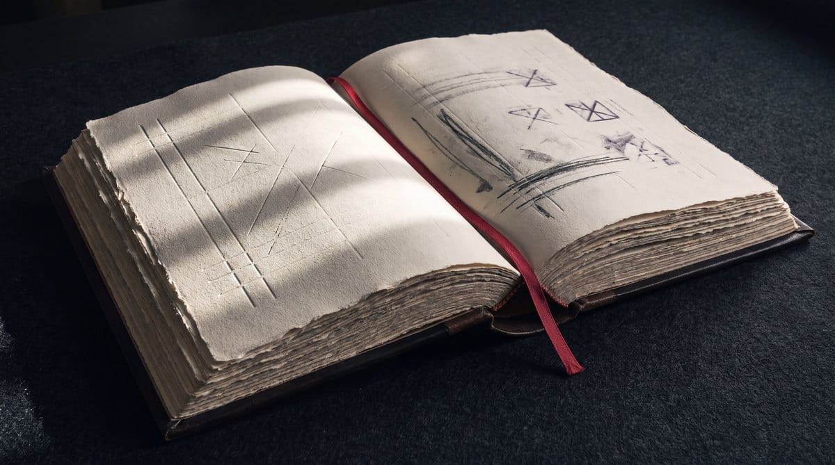 Open deckle-edged archival ledger bearing abstract scored and graphite marks, crossed by a narrow red ribbon.