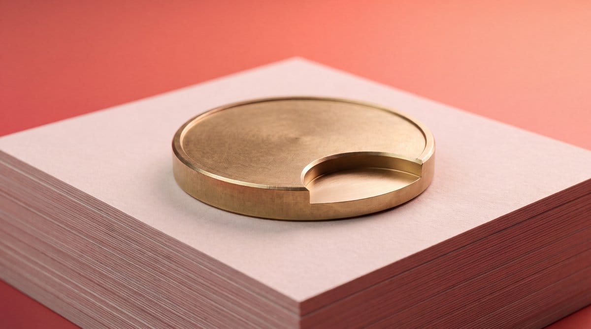 A thick brass coin with a section removed rests on a blank stack of paper against coral.