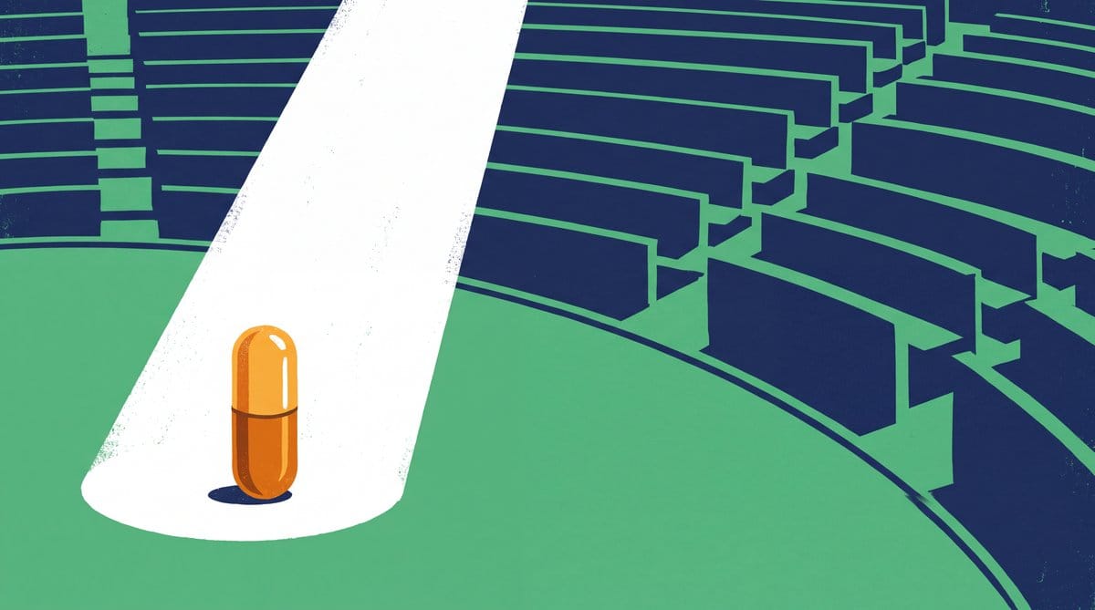 An upright amber capsule stands alone in a white spotlight inside an empty green and navy amphitheatre.