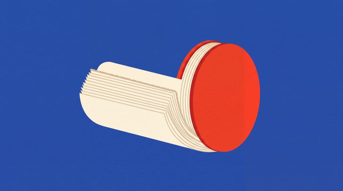 Cream policy-binder pages curl into a short pipe sealed by a vermilion cap on cobalt blue.