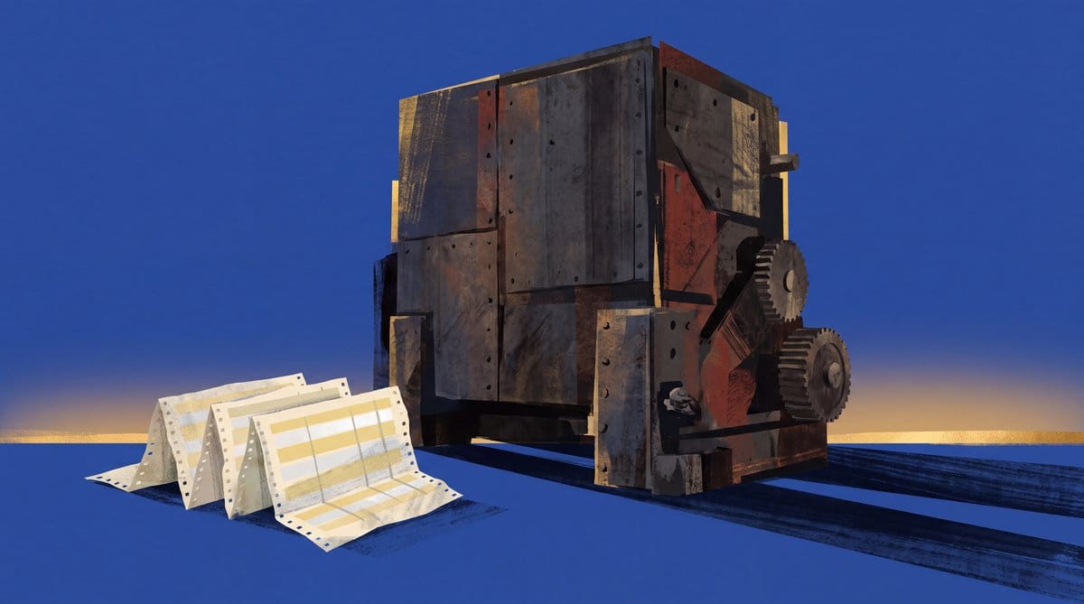 A towering dark industrial machine looms beside frail folded spreadsheet paper on a cobalt field.