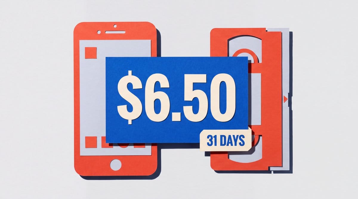 Graphic collage of a phone and backup cartridge behind a blue $6.50 card with a 31 DAYS tab.