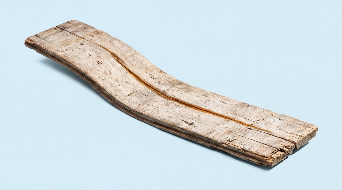 A long, weathered wooden floorboard bows across a pale blue background, marked by a narrow amber seam.