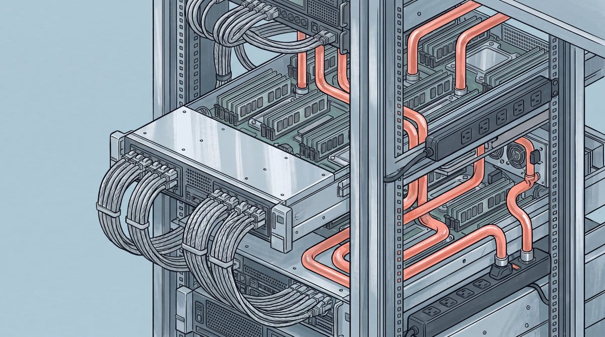 Open inference rack packed with silver accelerator trays, bundled cables, power bars and coral liquid-cooling lines.