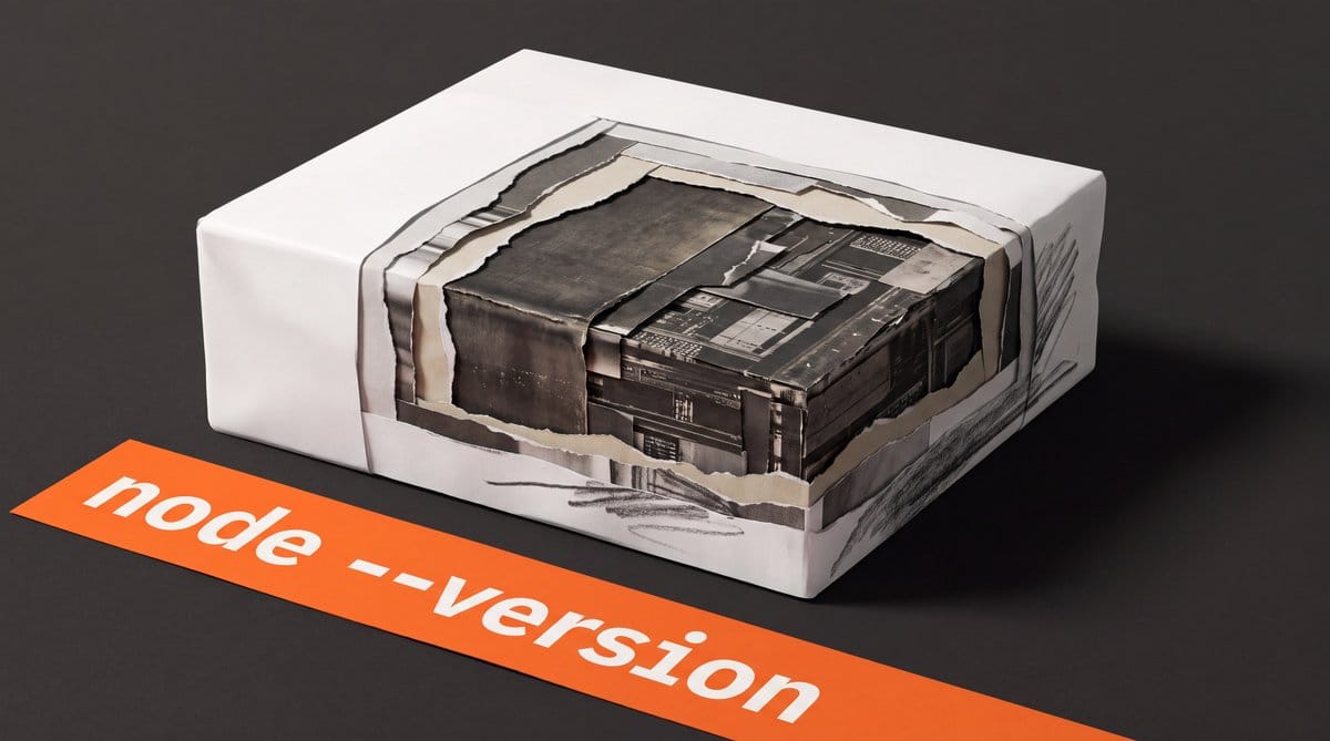 Torn white deployment package reveals a dark, aged runtime core beside an orange node --version strip.
