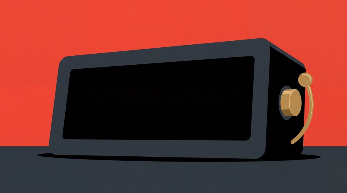 Large charcoal countdown timer with a blank display and brass control against a vivid vermilion background.