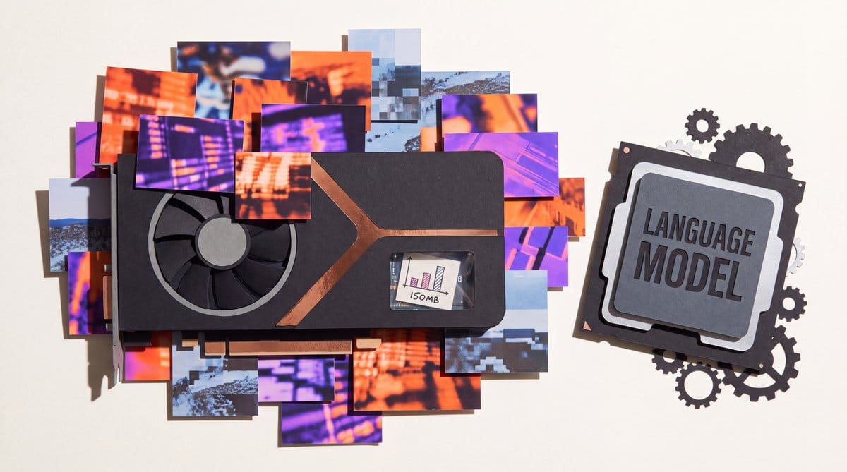 Colourful image tiles crowd a graphics card beside a separate processor labeled language model.