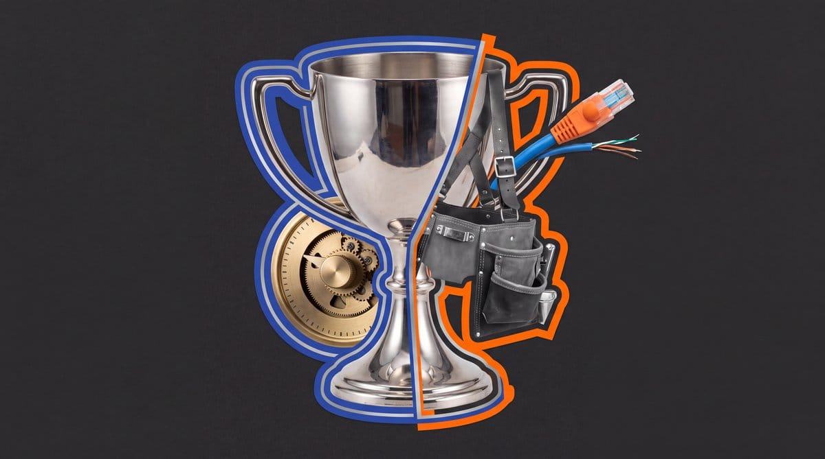 Silver trophy fused with a mechanical timer, tool harness and severed network cable against charcoal.