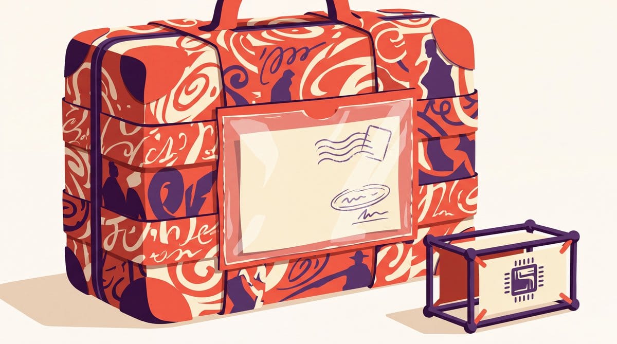 Oversized vermilion patterned suitcase with a license sheet stands beside a compact violet hardware-sizing frame.