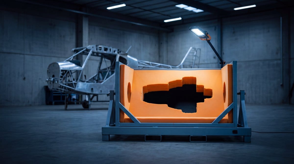 Orange foam engine cradle stands empty before an unfinished aircraft body in a dark industrial hangar.