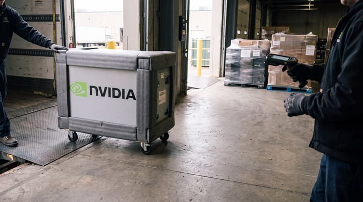 Workers unload an NVIDIA server module at a data-center receiving bay, highlighting AI infrastructure delivery and rising costs.