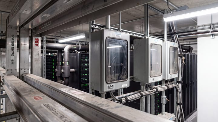 Hyperscale data-center electrical gallery with busways, sealed meters, server racks, and cooling pipes illustrating Anthropic IPO costs.