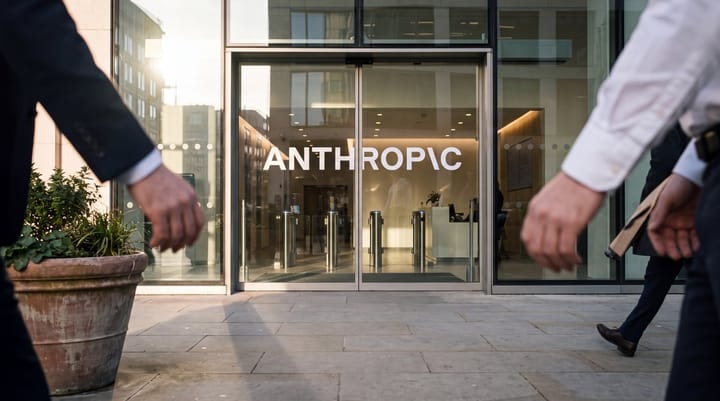 Anthropic glass office entrance with wordmark, pedestrians, and open commercial forecourt space.
