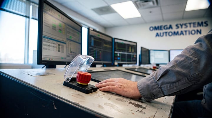 Enterprise automation control room with guarded red emergency-stop button and reaching hand, symbolizing human oversight of generative AI.