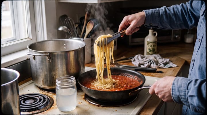 Steaming spaghetti is transferred from pot to skillet, blending with sauce, as reserved cooking water awaits nearby.