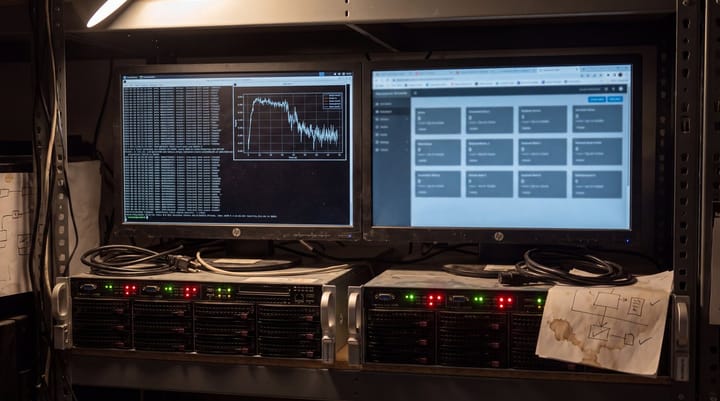 Two monitors in an AI lab display execution logs and automated scores, surrounded by rack-mounted hardware and status lights.