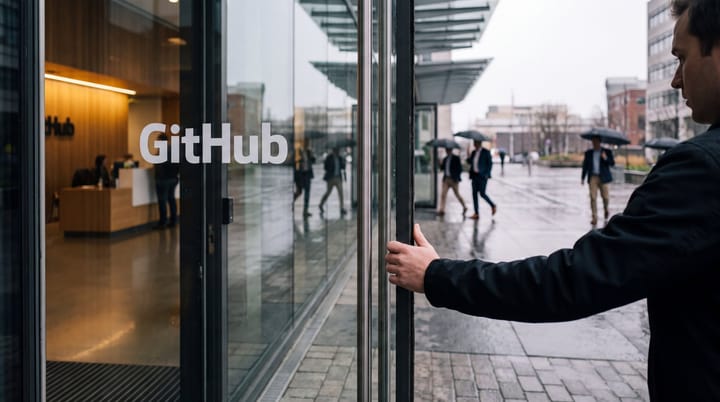 GitHub office entrance with illuminated lobby, branded glass doors, and pedestrians crossing an overcast plaza.