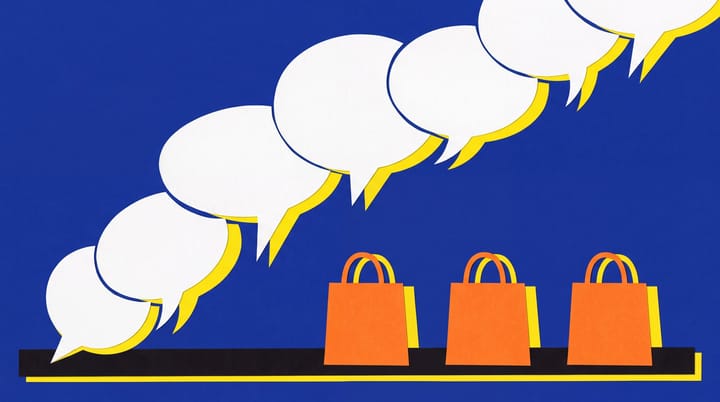 White speech bubbles rise diagonally above three orange shopping bags resting on a horizontal black strip.