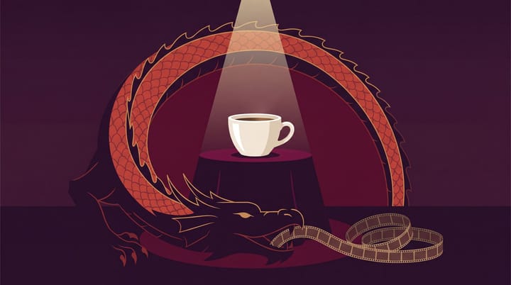 A curled red dragon guards a spotlighted white coffee cup beside loops of unmarked film.