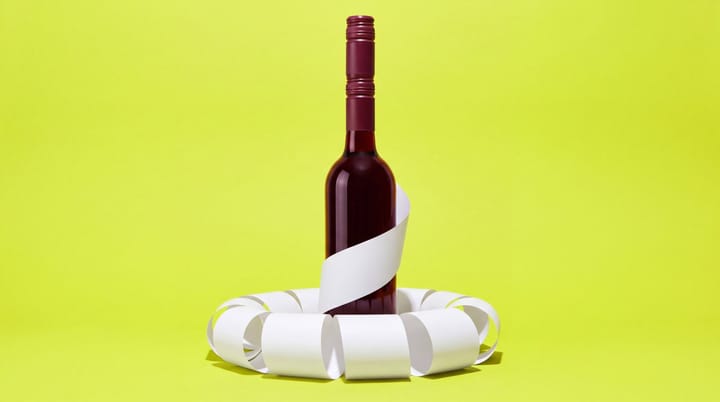 Glossy burgundy bottle with stacked caps rises from a coiled blank receipt on a chartreuse background.