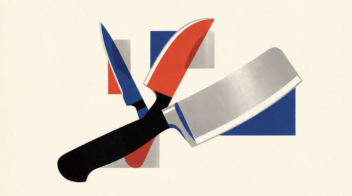 A black handle branches into blue, red, and silver blades against a warm ivory field.