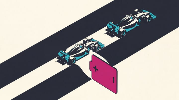Two Formula 1 cars cross a timing stripe as a magenta battery token drops beneath the pursuing car.