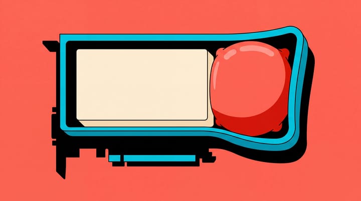 Cream model block and swelling red form crowd a cyan-rimmed graphics card tray on coral.