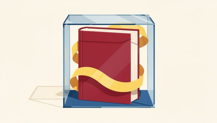 Oversized crimson book and looping yellow paper trail enclosed inside a transparent blue acrylic case.