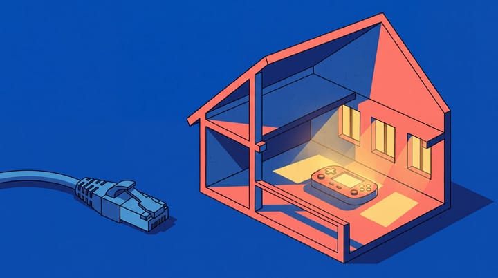 A glowing coral cutaway house remains lit beside a disconnected blue Ethernet cable on a cobalt background.