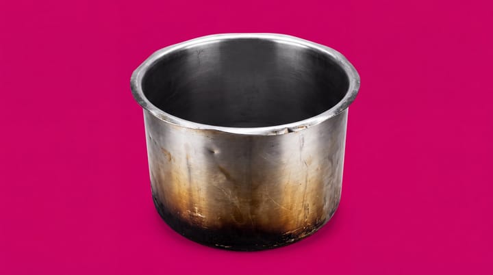 A large scorched stainless-steel stockpot sits isolated against a vivid magenta background.