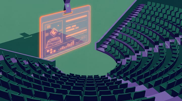 A giant glowing software badge hangs before rows of empty green and purple amphitheatre seats.